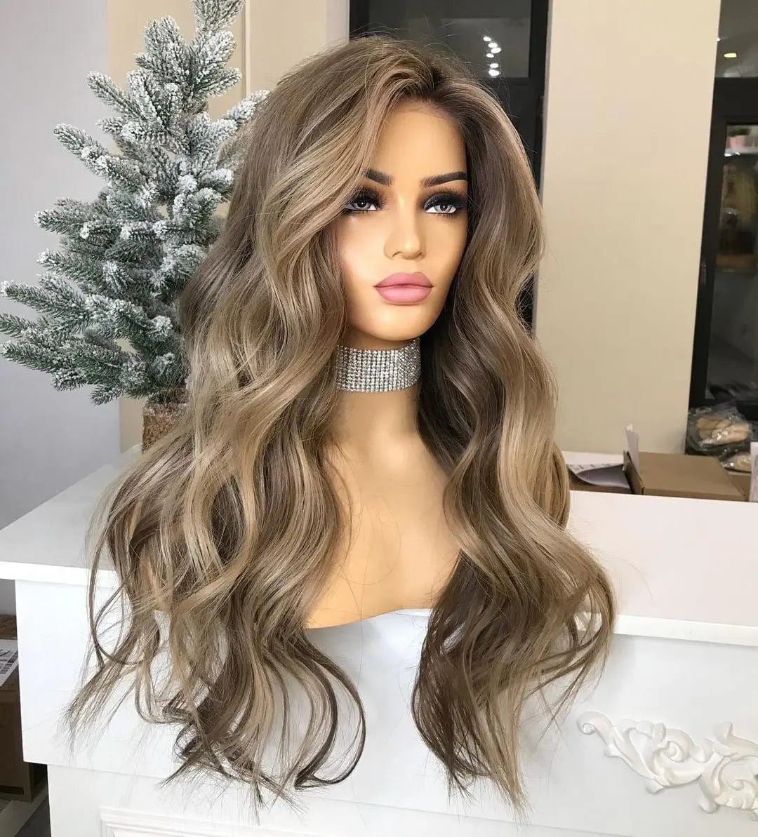 Brown Highlight Color Human Hair Wigs Water Wave