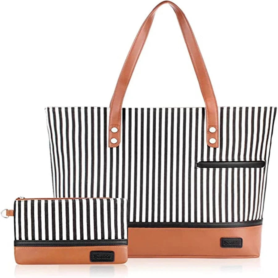 Brown hot sale Canvas PU Leather Tote Bag Office women bag 2 pcs Hand Bags Set