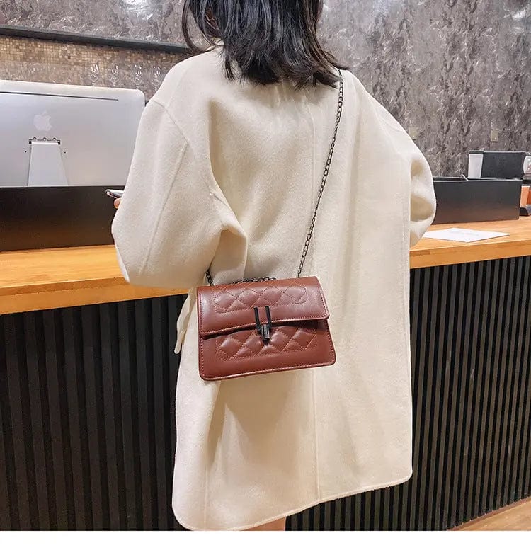 brown M283 Fashion PU Leather Hasp Women Chain Shoulder Messenger Handbags Autumn Solid Color Lattice Pattern Ladies Crossbody Bag