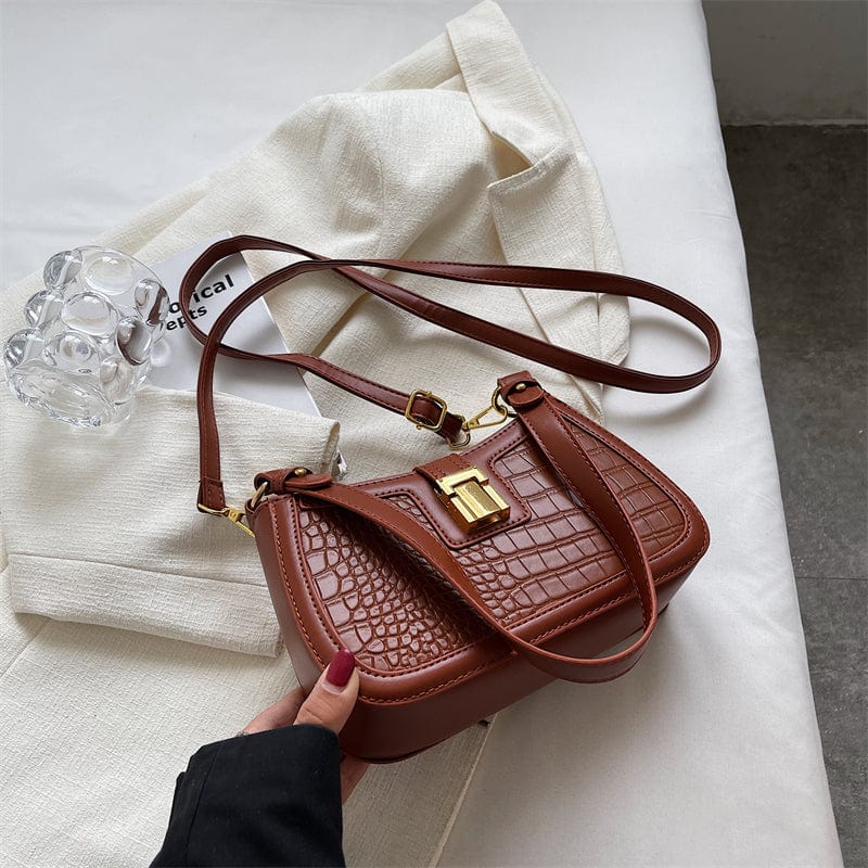 Brown Shoulder Bags for Women 2023 Trendy Designer Fashion Simple Stone Pattern Leather Purses and Handbags Female
