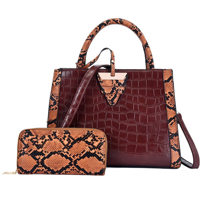 Brown Women's Shoulder Bags PU Leather  Bag Et 2 Pieces Purse Et Buttons Serpentine Embossed Bag Ets Daily Outdoor