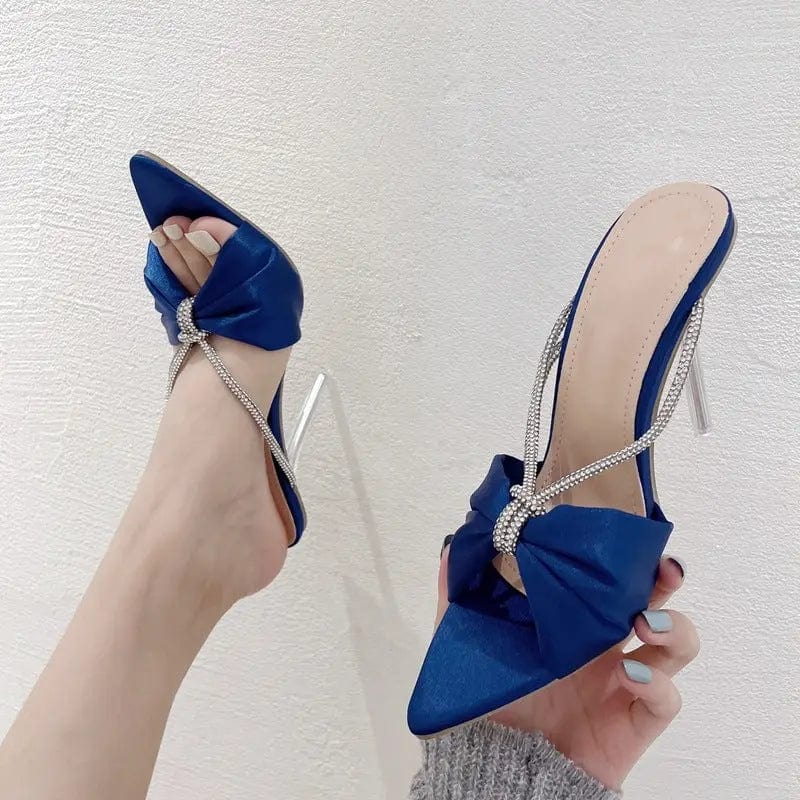 BUSY GIRL High Heels Shoes Women Blue Soft Satin Bow Shiny Rhinestone Mules V-strap Summer Women Sandals Slip-on Slides Slippers