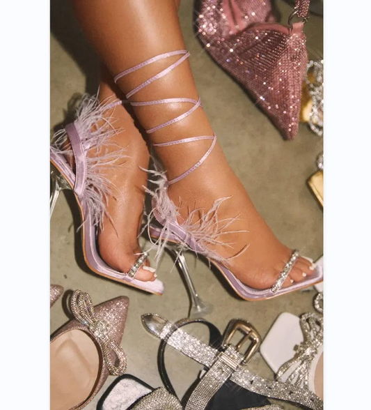 BUSY GIRL LFN4362 High Heels Shoes For Women Lace Up Heels Faux Feather Fur Rhinestone Sexy Ladies and Women Heeled Sandals