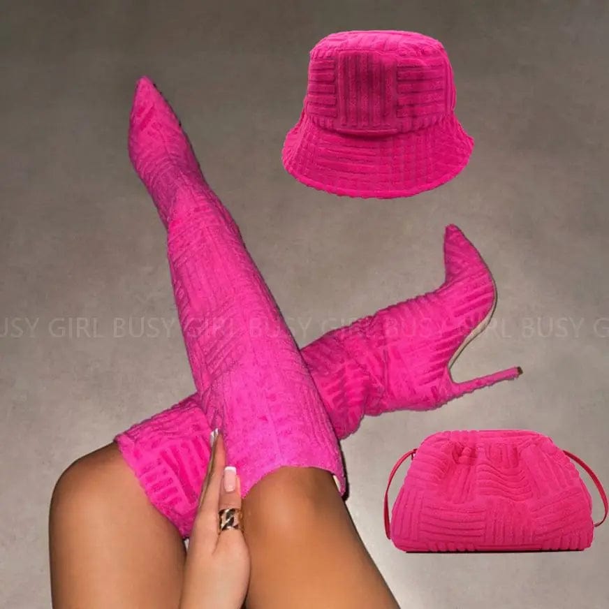 BUSY GIRL LQ41001 Knee high boots for women hat handbag stiletto high heels shoes towel boots women matching boots and bag set