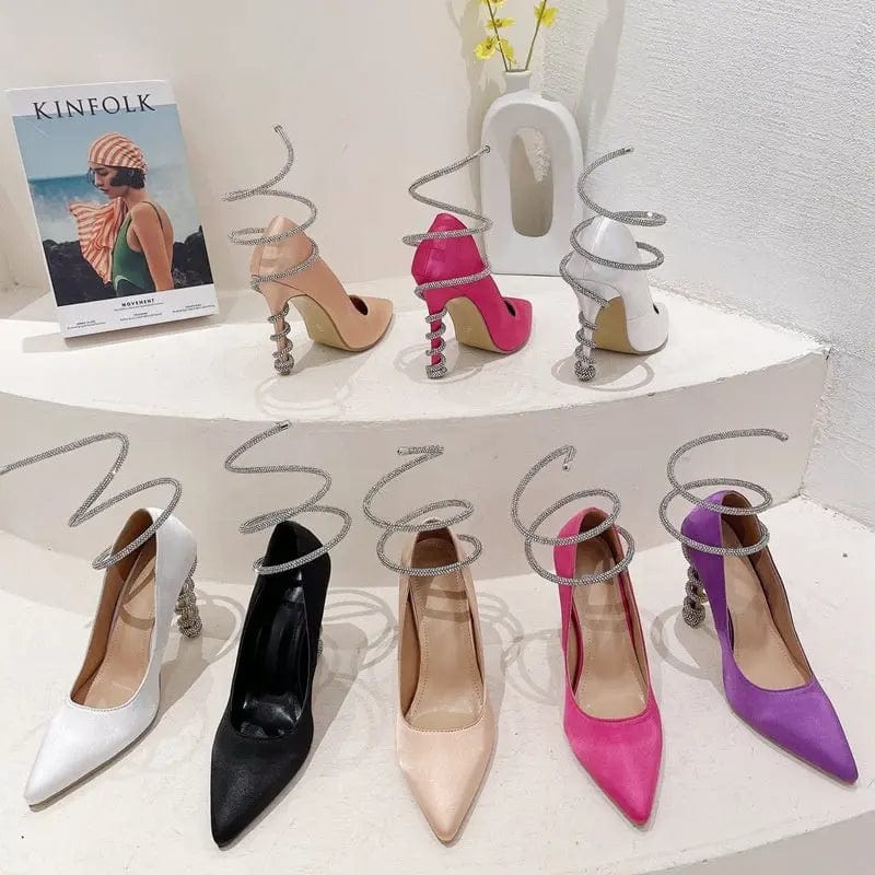 BUSY GIRL LX4467 pumps women snake shaped cross strap rhinestone 2023 new satin ladies high heels shoes for women heeled sandals