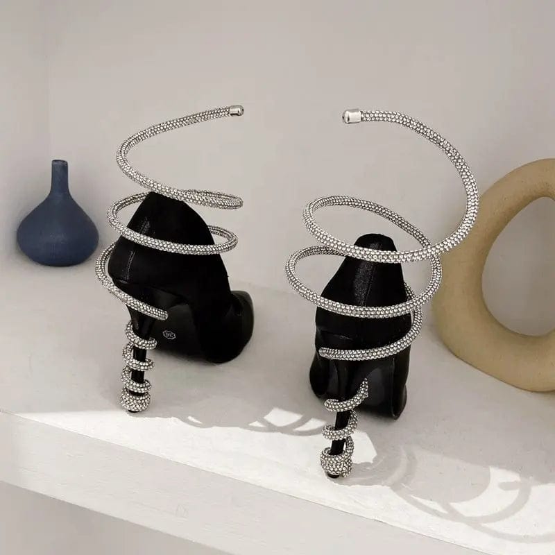 BUSY GIRL LX4467 pumps women snake shaped cross strap rhinestone 2023 new satin ladies high heels shoes for women heeled sandals