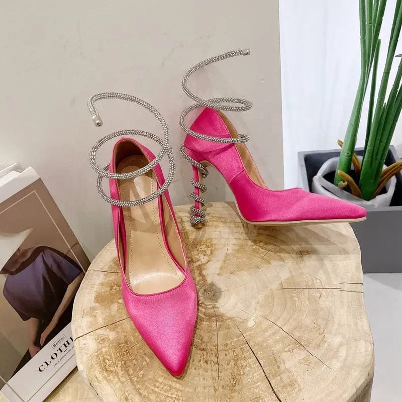 BUSY GIRL LX4467 pumps women snake shaped cross strap rhinestone 2023 new satin ladies high heels shoes for women heeled sandals