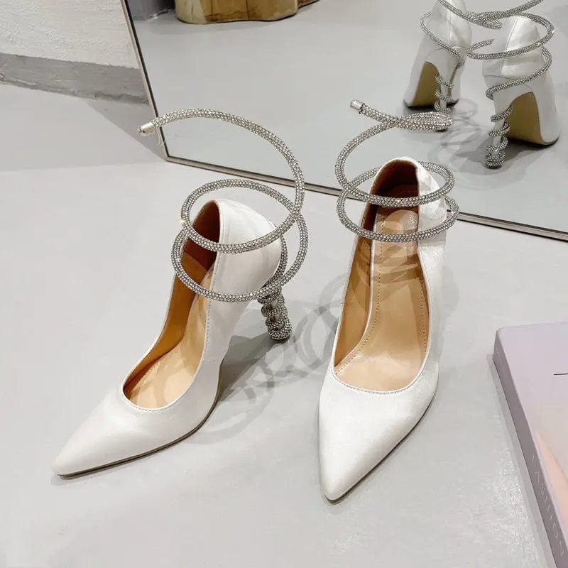 BUSY GIRL LX4467 pumps women snake shaped cross strap rhinestone 2023 new satin ladies high heels shoes for women heeled sandals