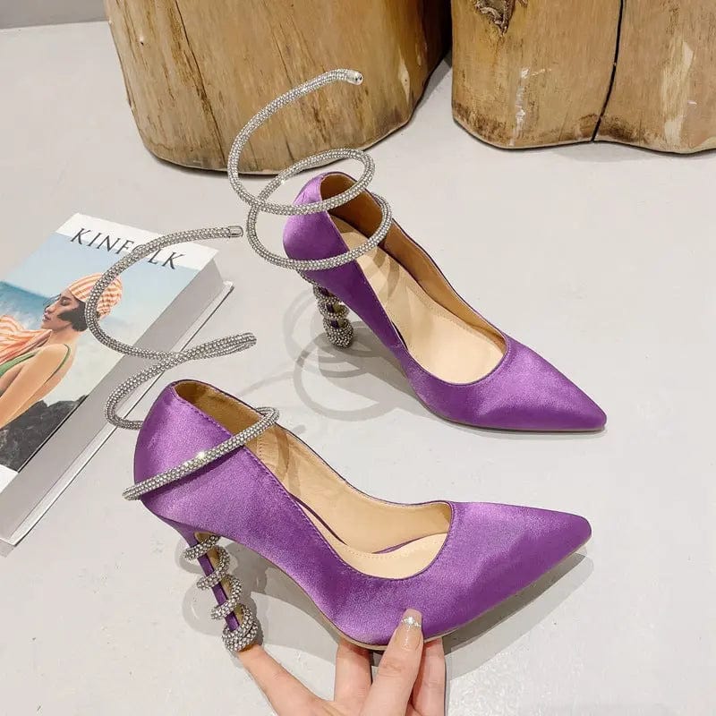 BUSY GIRL LX4467 pumps women snake shaped cross strap rhinestone 2023 new satin ladies high heels shoes for women heeled sandals