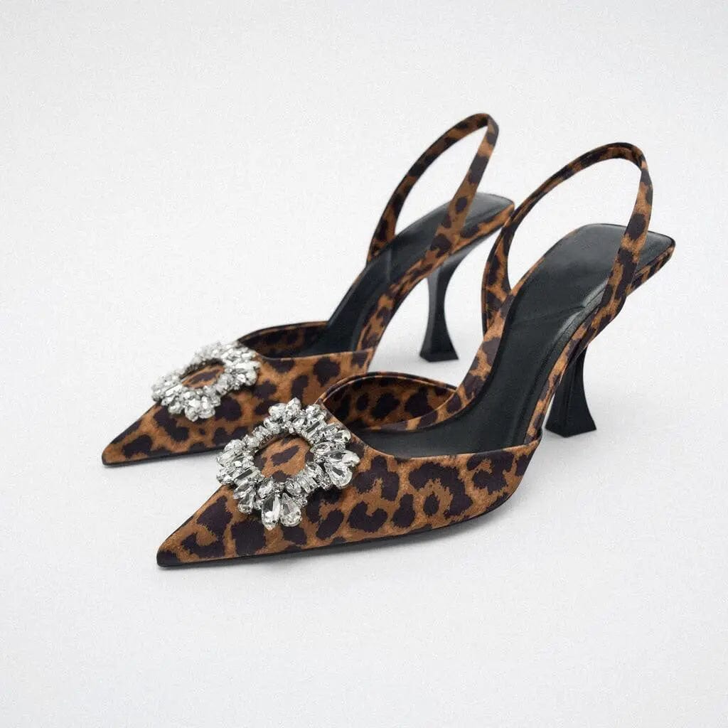 BUSY GIRL MY4435 Pumps Heels For Women Sandals Diamond Leopard Print Suede 2023 New Pointed Toe Mules High Heel For Ladies Shoes