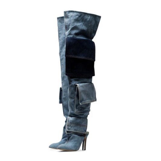 BUSY GIRL  Over Knee Boots for Women Blue Denim Fabric 43 Open Thin High Heels Pockets Autumn Ankle Boots Thigh High Long Boots
