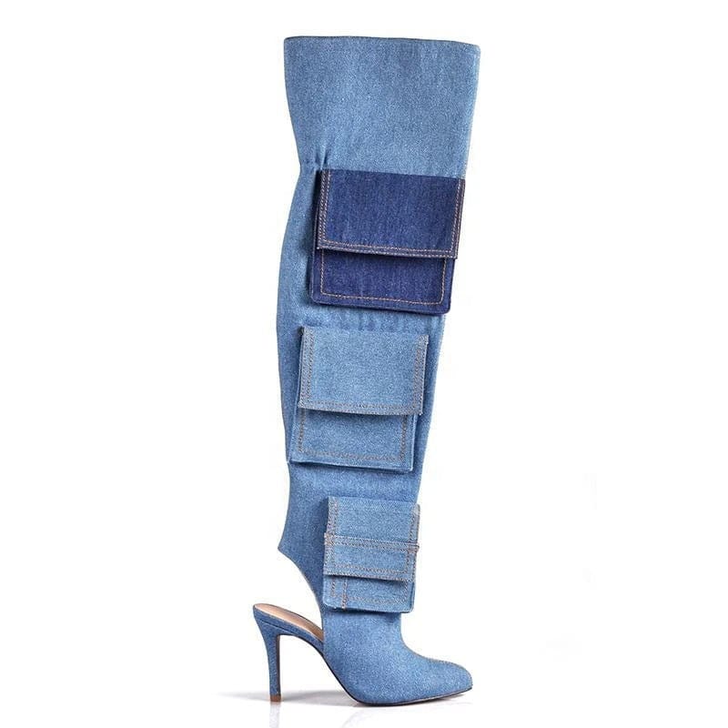 BUSY GIRL Over Knee Boots for Women Blue Denim Fabric 43 Open Thin High Heels Pockets Autumn Ankle Boots Thigh High Long Boots