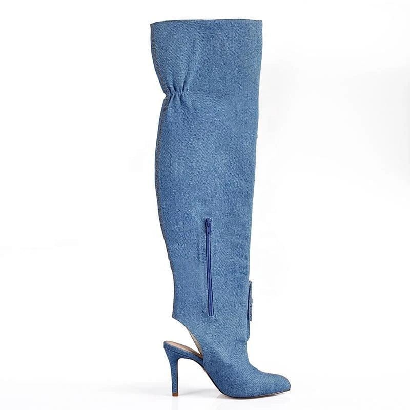 BUSY GIRL Over Knee Boots for Women Blue Denim Fabric 43 Open Thin High Heels Pockets Autumn Ankle Boots Thigh High Long Boots