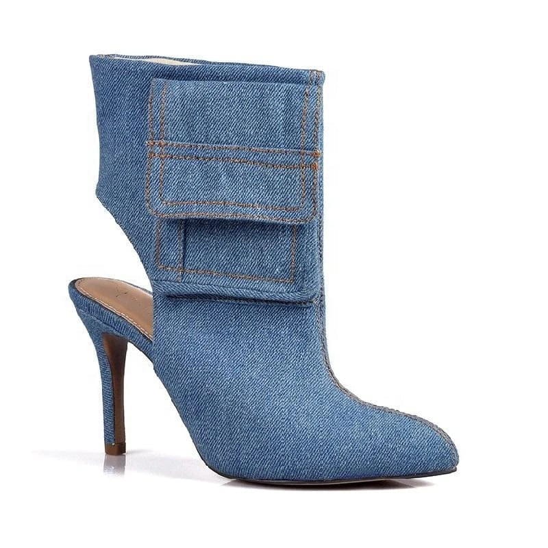 BUSY GIRL Over Knee Boots for Women Blue Denim Fabric 43 Open Thin High Heels Pockets Autumn Ankle Boots Thigh High Long Boots