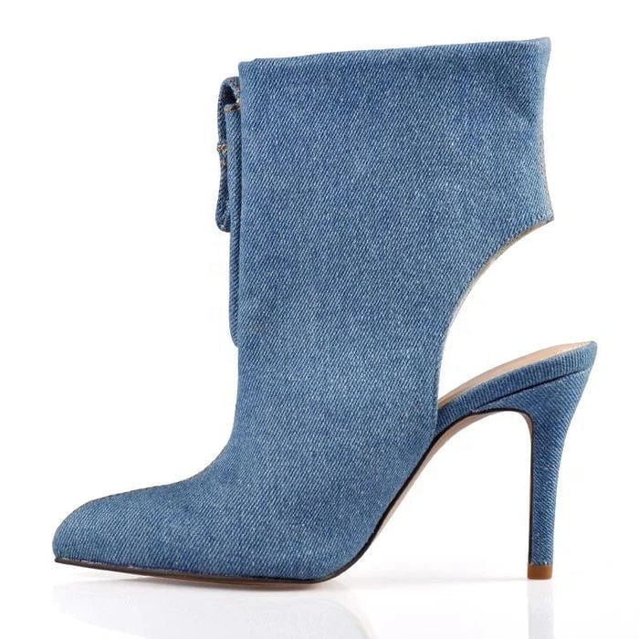 BUSY GIRL Over Knee Boots for Women Blue Denim Fabric 43 Open Thin High Heels Pockets Autumn Ankle Boots Thigh High Long Boots