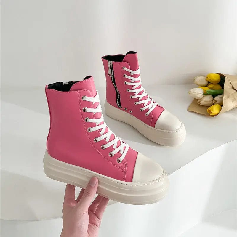 BUSY GIRL Plain PU chukka boots sweet color thick bottom plain lace up zipper canvas boots ankle boots bootie for women lady
