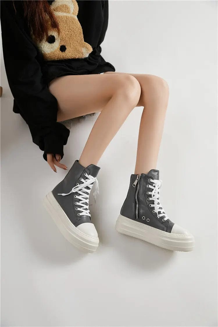 BUSY GIRL Plain PU chukka boots sweet color thick bottom plain lace up zipper canvas boots ankle boots bootie for women lady