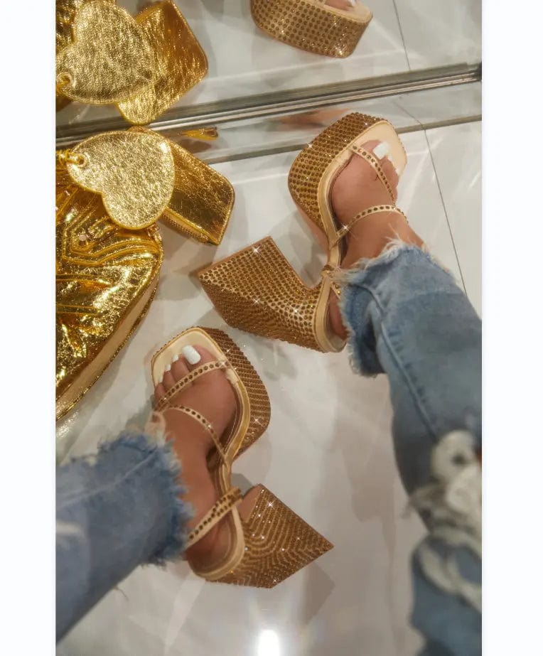 BUSY GIRL QT4402 Heeled Sandals Women Black Sparkly Rhinestone Strap 14cm Triangle Block High Heels For Ladies Platform Topuklu