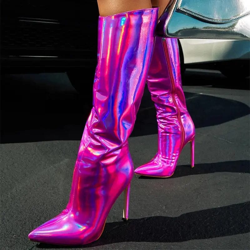 BUSY GIRL XSD4400 Knee High Boots For Women Blue Green Mirror Patent Leather Pointed Toe 2023 New Stiletto High Heels For Ladies