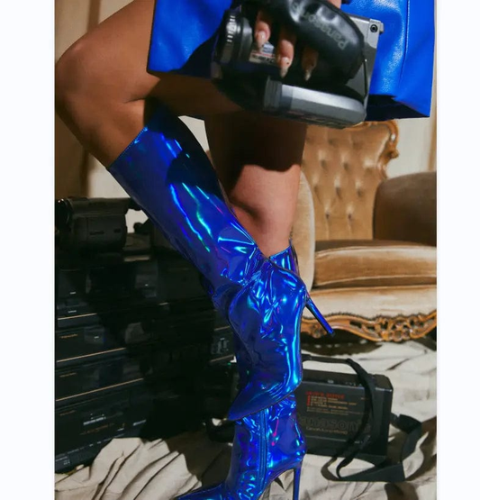 BUSY GIRL XSD4400 Knee High Boots For Women Blue Green Mirror Patent Leather Pointed Toe 2023 New Stiletto High Heels For Ladies