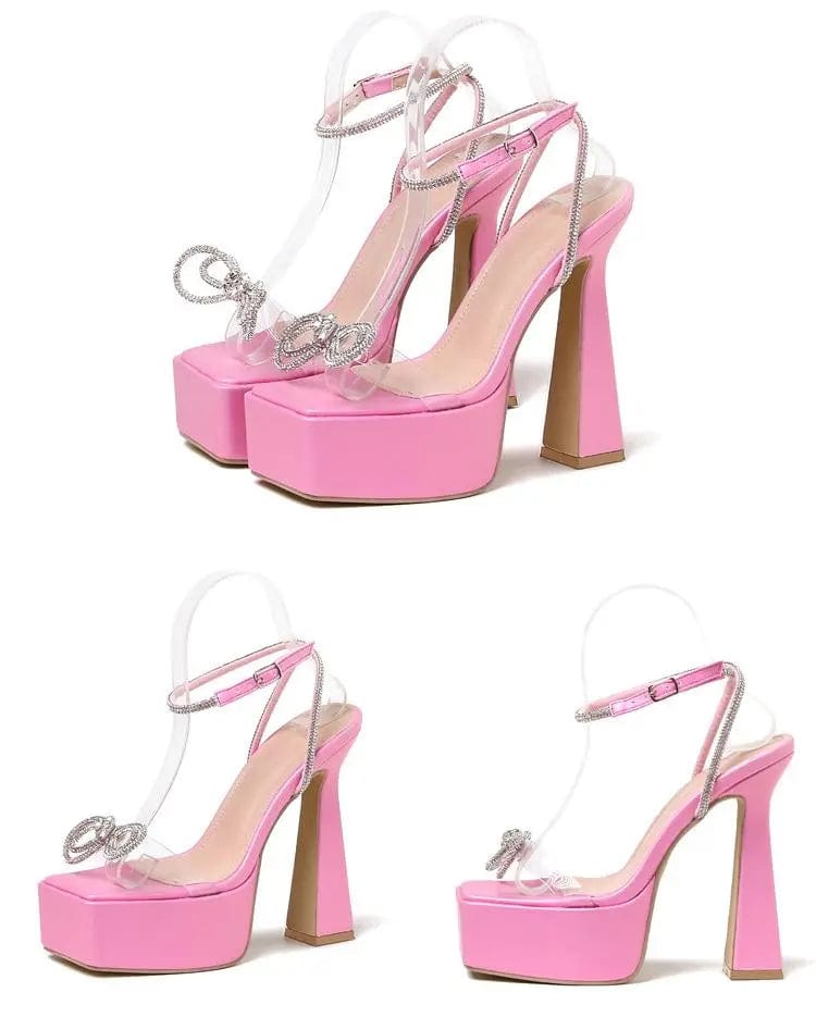 BUSY GIRL XSD4418 Heeled Sandals Women Double Glitter Bow Platform Block Heels For Ladies Chunky High Heels Shoes For Women