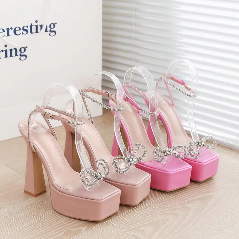 BUSY GIRL XSD4418 Heeled Sandals Women Double Glitter Bow Platform Block Heels For Ladies Chunky High Heels Shoes For Women