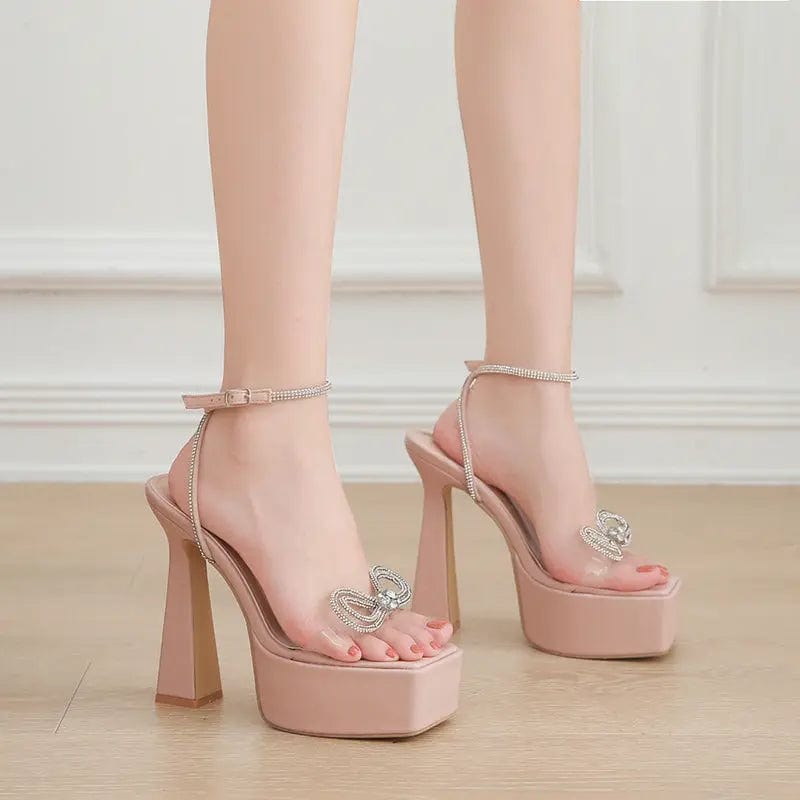 BUSY GIRL XSD4418 Heeled Sandals Women Double Glitter Bow Platform Block Heels For Ladies Chunky High Heels Shoes For Women
