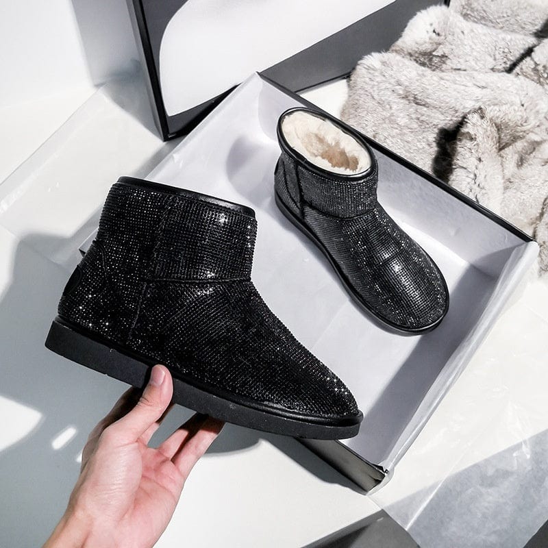 BUSY GIRL YN4386 Snow Boots Women Plush Rhinestone Winter Warm Round Toe Flat Heel Blingbling Shiny Ankle Boots for Women