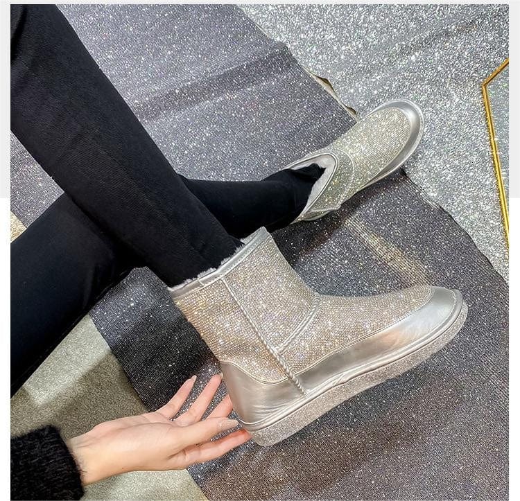 BUSY GIRL YN4386 Snow Boots Women Plush Rhinestone Winter Warm Round Toe Flat Heel Blingbling Shiny Ankle Boots for Women