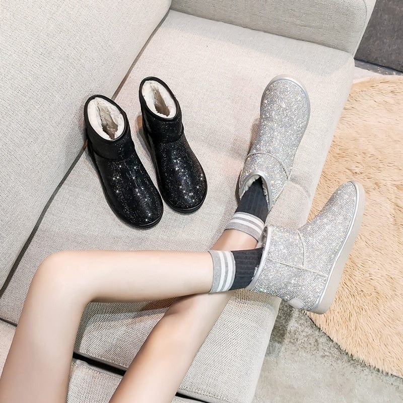BUSY GIRL YN4386 Snow Boots Women Plush Rhinestone Winter Warm Round Toe Flat Heel Blingbling Shiny Ankle Boots for Women