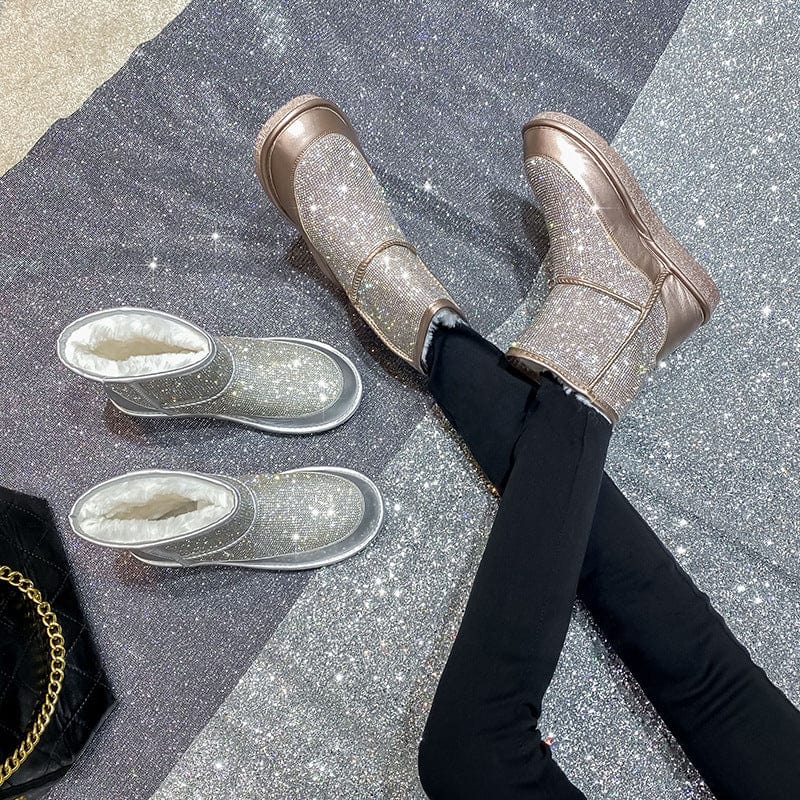 BUSY GIRL YN4386 Snow Boots Women Plush Rhinestone Winter Warm Round Toe Flat Heel Blingbling Shiny Ankle Boots for Women