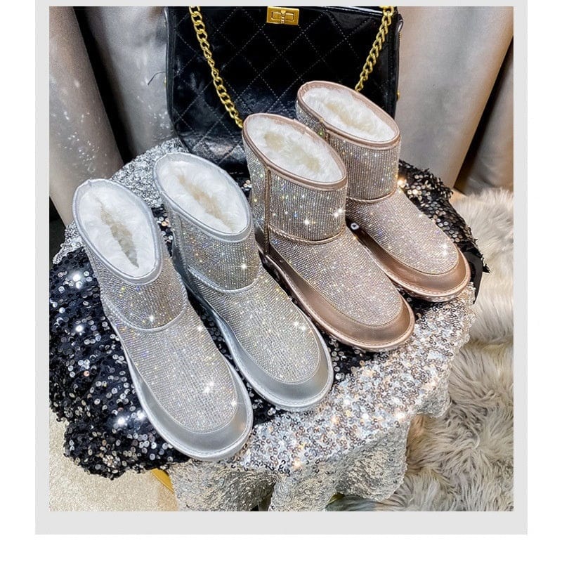 BUSY GIRL YN4386 Snow Boots Women Plush Rhinestone Winter Warm Round Toe Flat Heel Blingbling Shiny Ankle Boots for Women