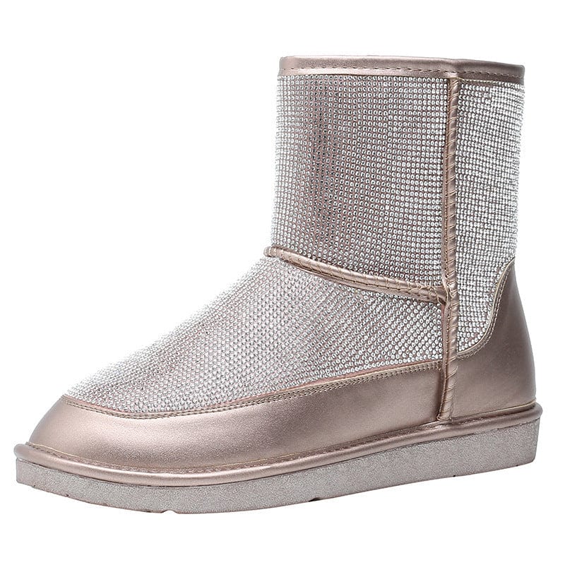 BUSY GIRL YN4386 Snow Boots Women Plush Rhinestone Winter Warm Round Toe Flat Heel Blingbling Shiny Ankle Boots for Women