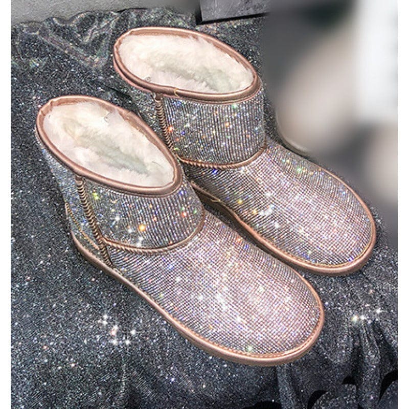 BUSY GIRL YN4386 Snow Boots Women Plush Rhinestone Winter Warm Round Toe Flat Heel Blingbling Shiny Ankle Boots for Women
