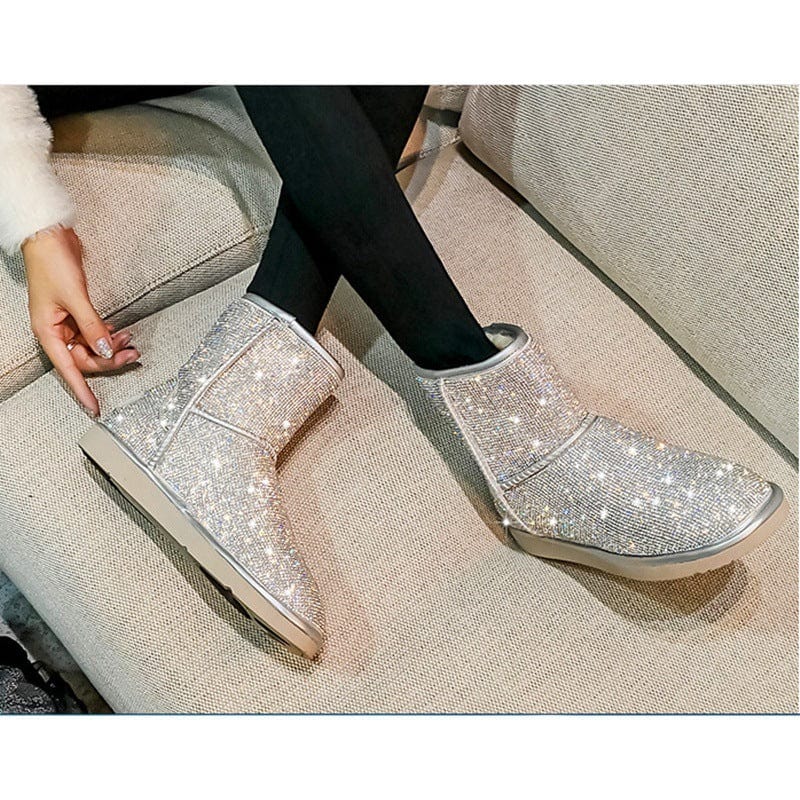 BUSY GIRL YN4386 Snow Boots Women Plush Rhinestone Winter Warm Round Toe Flat Heel Blingbling Shiny Ankle Boots for Women