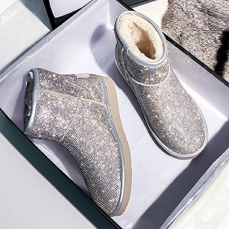 BUSY GIRL YN4386 Snow Boots Women Plush Rhinestone Winter Warm Round Toe Flat Heel Blingbling Shiny Ankle Boots for Women