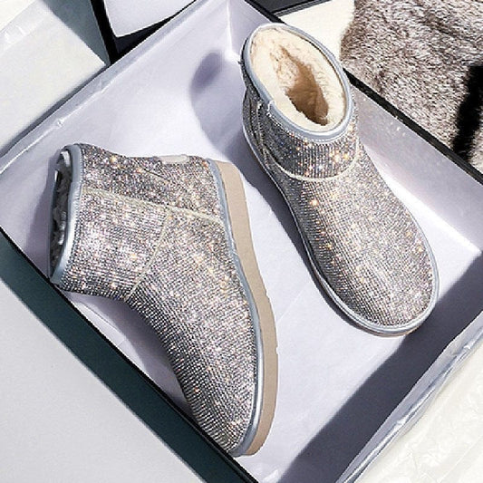 BUSY GIRL YN4386 Snow Boots Women Plush Rhinestone Winter Warm Round Toe Flat Heel Blingbling Shiny Ankle Boots for Women
