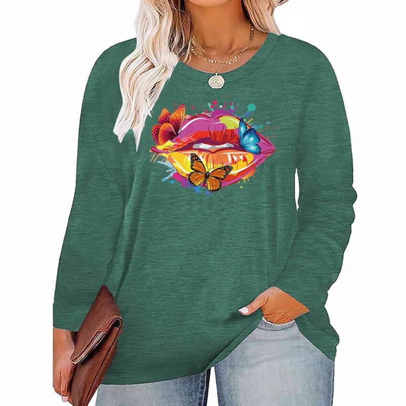 butterfly pattern Plus Size Women's Top Autumn X-Large-5X-Large woman clothes y2k t shirt oversized long sleeve tshirt