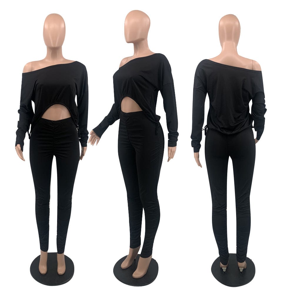 C1101TA92 Latest Casual Solid Color Irregular Crop Top Pleated Two Piece Pants Set Women Sehe Fashion