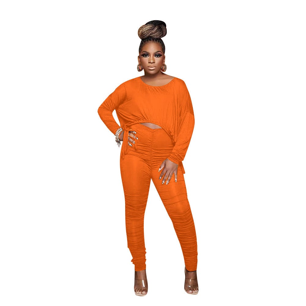 C1101TA92 Latest Casual Solid Color Irregular Crop Top Pleated Two Piece Pants Set Women Sehe Fashion