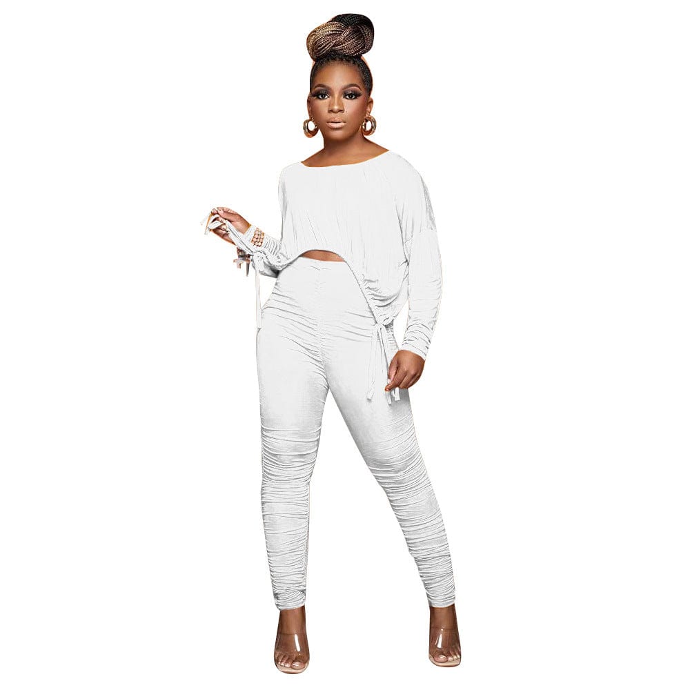 C1101TA92 Latest Casual Solid Color Irregular Crop Top Pleated Two Piece Pants Set Women Sehe Fashion