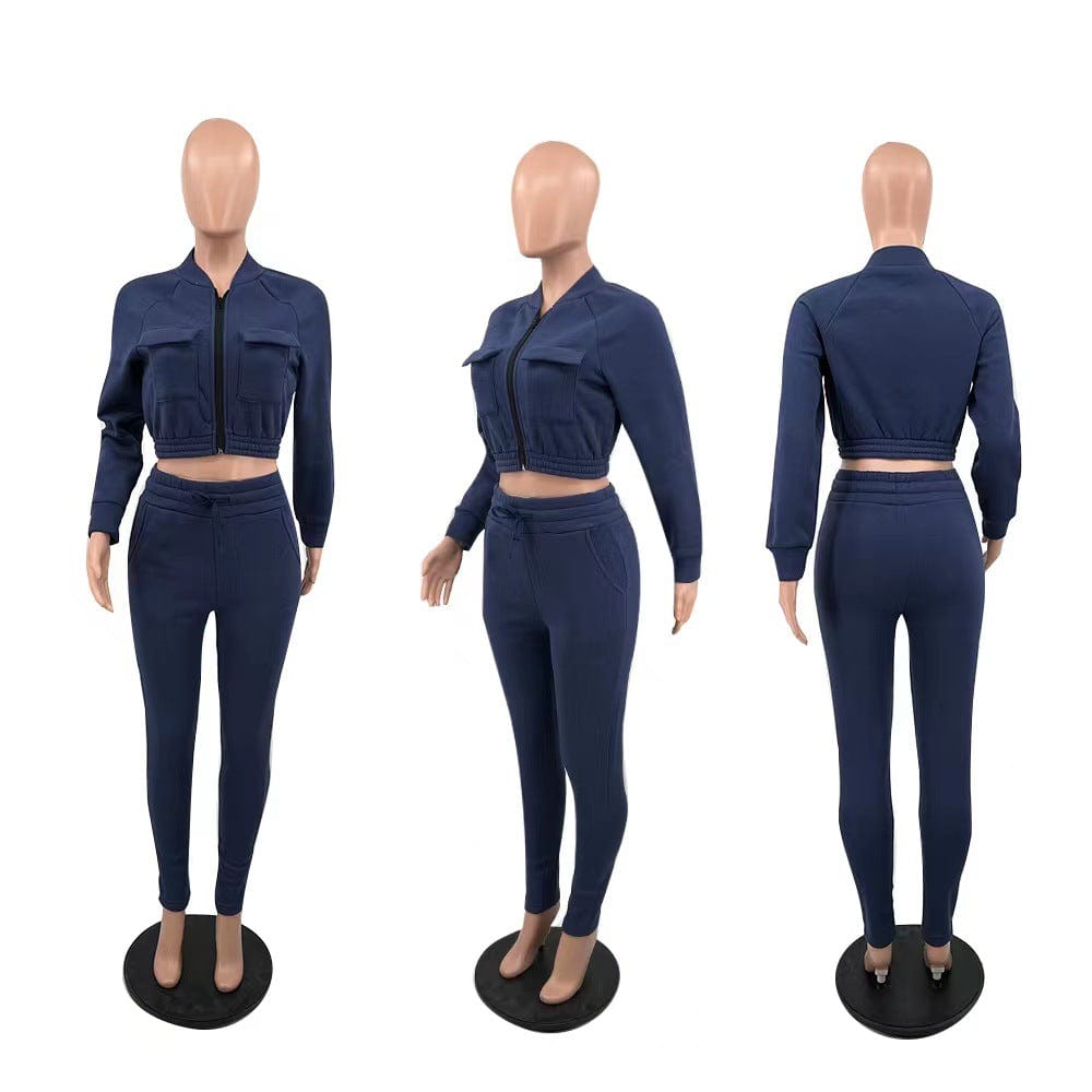 C1101TA93 New Arrival Casual Solid Color Zipper Sport Two Piece Pants Set Women Sehe Fashion