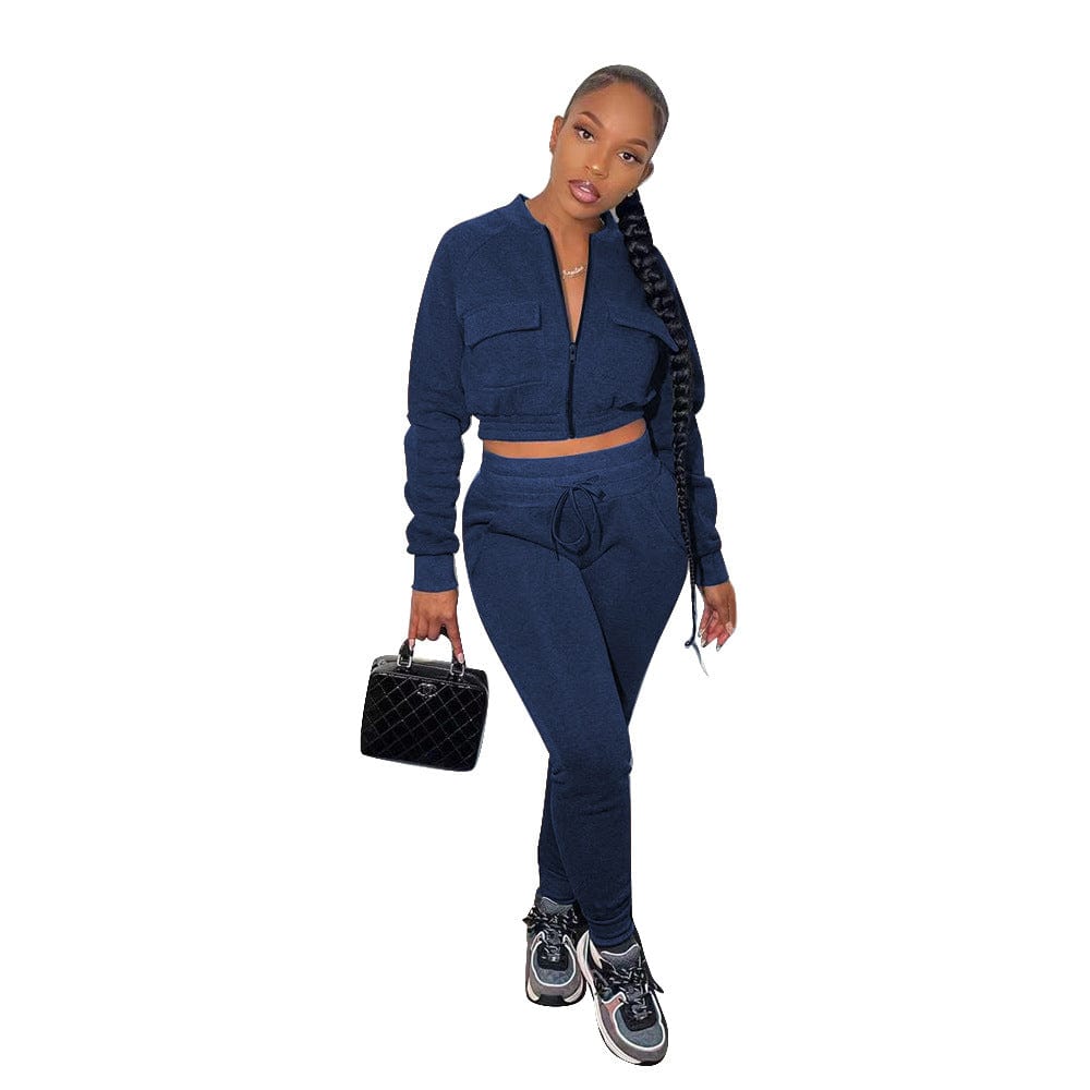 C1101TA93 New Arrival Casual Solid Color Zipper Sport Two Piece Pants Set Women Sehe Fashion
