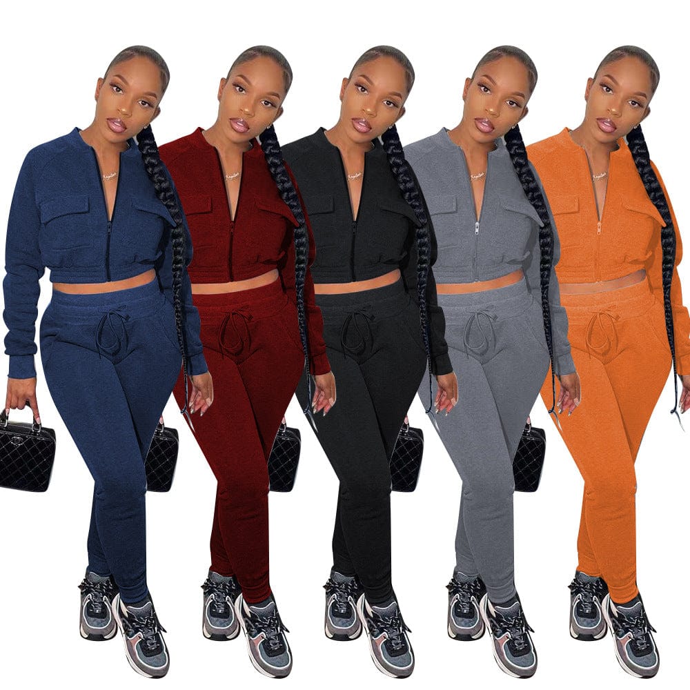C1101TA93 New Arrival Casual Solid Color Zipper Sport Two Piece Pants Set Women Sehe Fashion