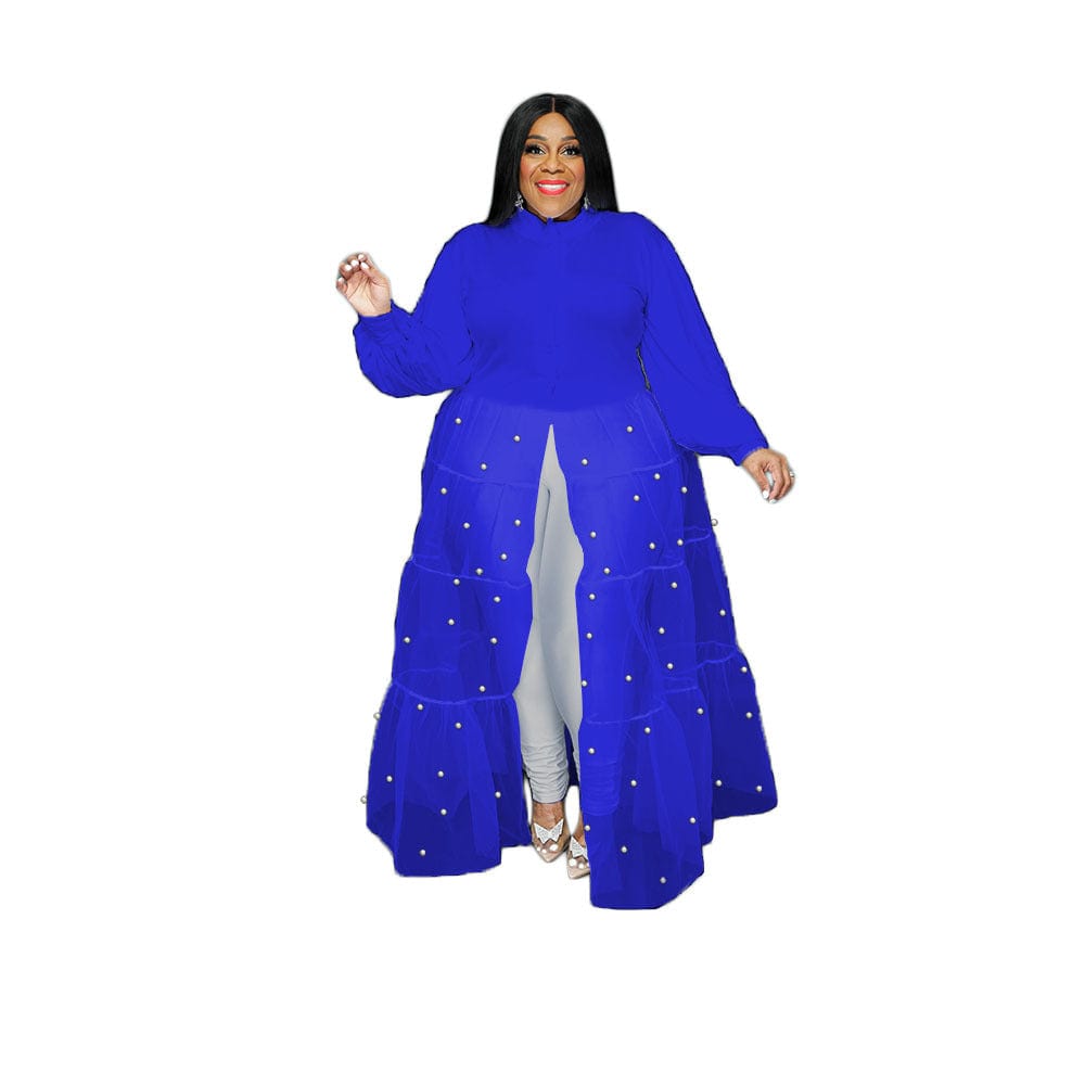 C1102ME20 Wholesale Plus Size Casual Solid Color Sheer Mesh Beaded Shirt Dress Women Sehe Fashion