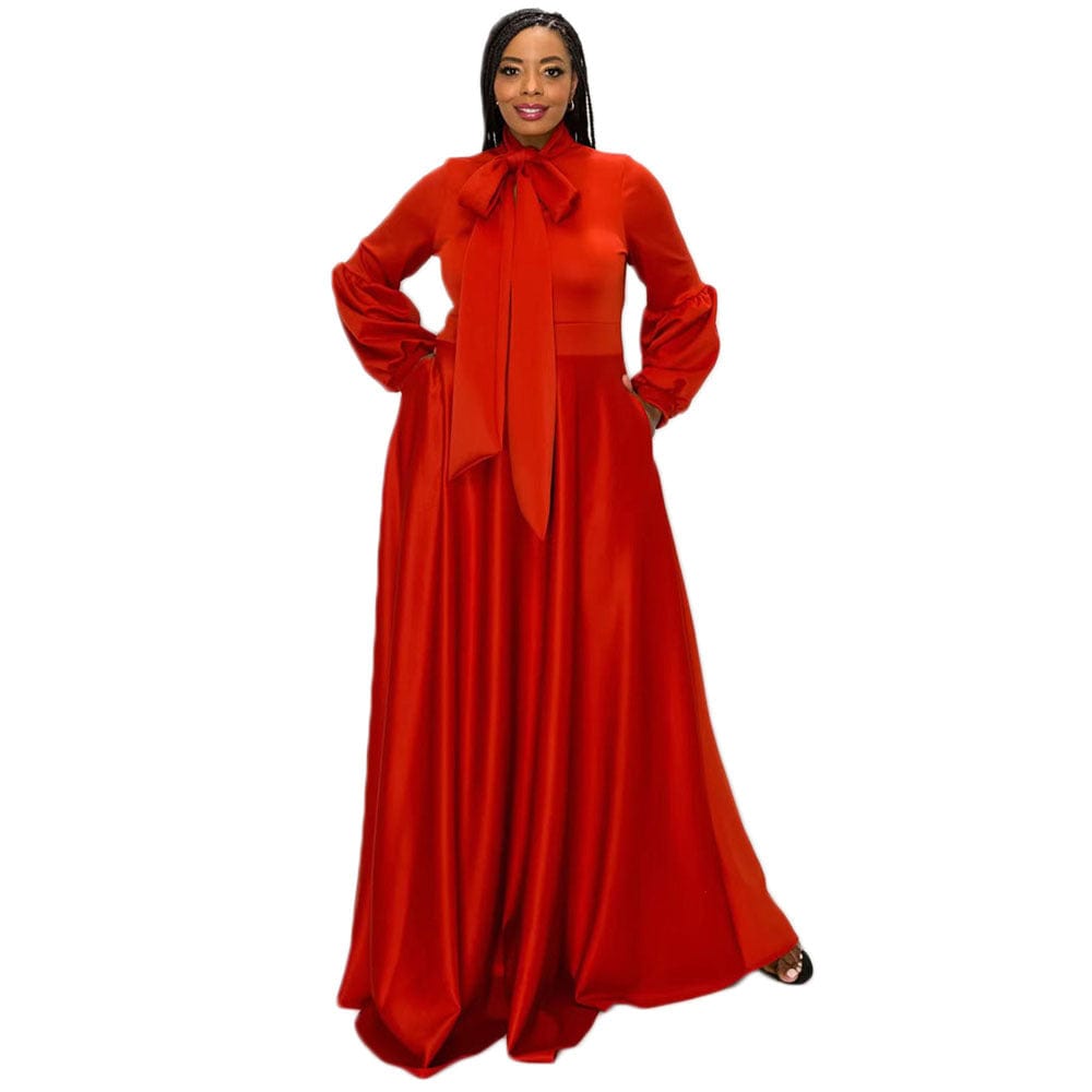 C1102ME21 High Quality Plus Size Casual Solid Color Bow A-line Dress Women Sehe Fashion