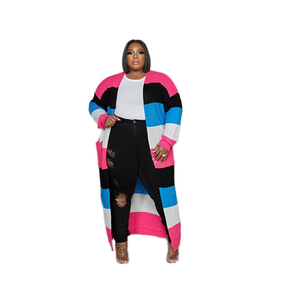 C1102ME25 Wholesale Plus Size Casual Contrast Color Striped Print Long Cardigans Women Sehe Fashion