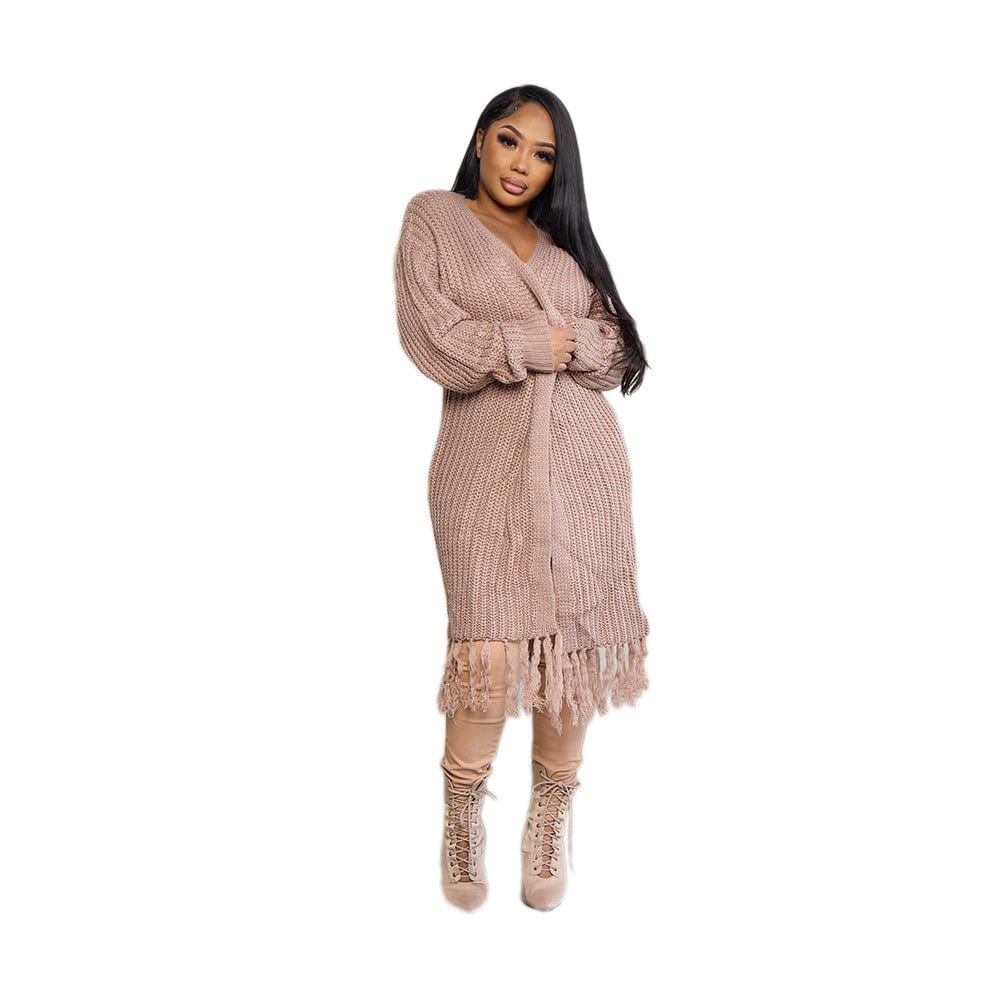 C1102ME28 High Quality Casual Solid Color Tassel Knitted Long Cardigans Women Sehe Fashion