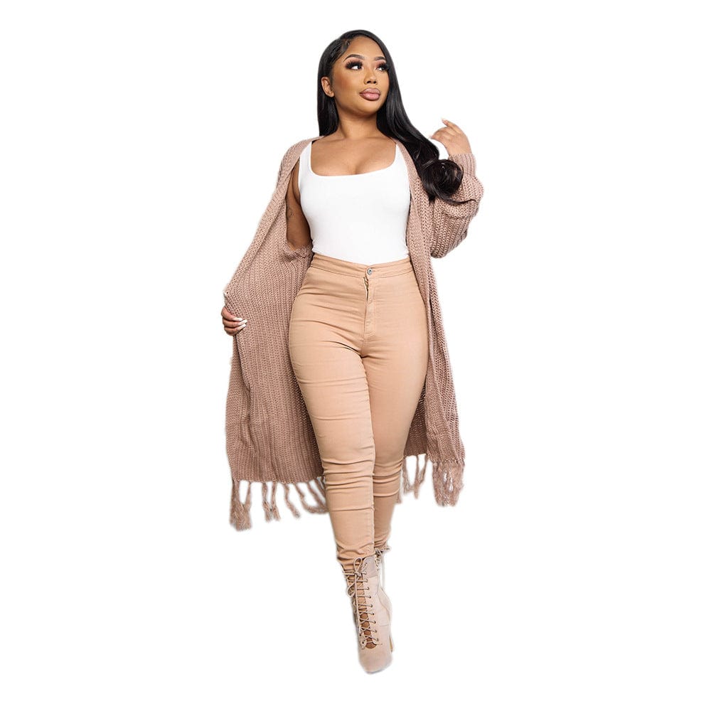 C1102ME28 High Quality Casual Solid Color Tassel Knitted Long Cardigans Women Sehe Fashion