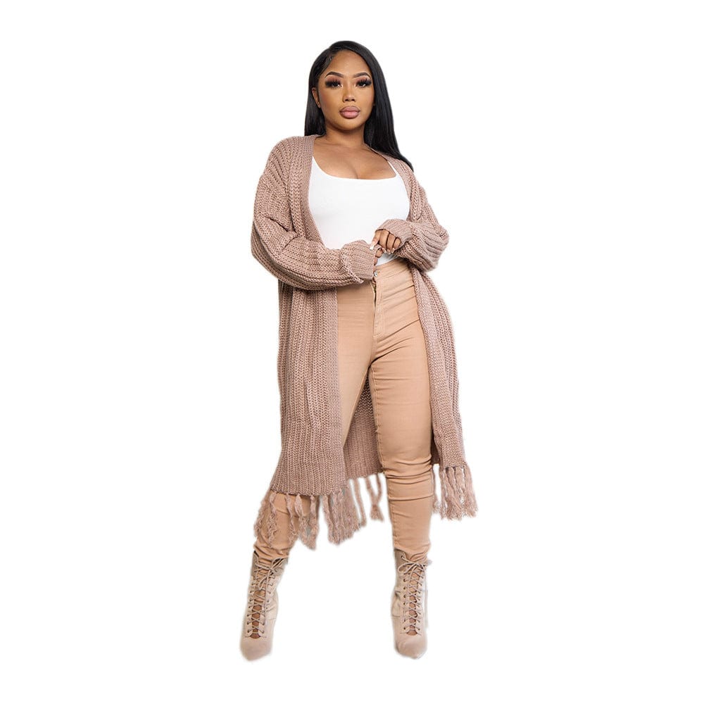 C1102ME28 High Quality Casual Solid Color Tassel Knitted Long Cardigans Women Sehe Fashion